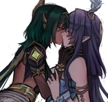 Rule 34 | 2girls, antlers, black gloves, commentary, dark-skinned female, dark skin, elbow gloves, english commentary, facial mark, genshin impact, gloves, green hair, hand on another's arm, hand on another's neck, horns, kiss, lauma (genshin impact), long hair, multiple girls, nefer (genshin impact), pointy ears, purple hair, reyeomi, simple background, white background, yuri