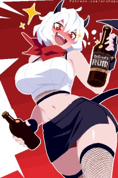 Rule 34 | 1girl, :d, alcohol, alternate costume, archapxl, black skirt, bottle, breasts, commentary, cowboy shot, crop top, demon girl, demon horns, demon tail, drunk, english commentary, fang, fishnet thighhighs, fishnet top, fishnets, hair between eyes, helltaker, highres, holding, holding bottle, horns, large breasts, malina (helltaker), miniskirt, navel, open mouth, outline, patreon username, pixel art, red eyes, short hair, skirt, smile, solo, star (symbol), tail, teeth, thighhighs, upper teeth only, white hair, white outline