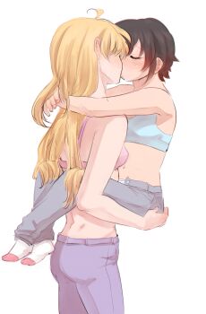 2girls ahoge black_hair blonde_hair blush bra carrying chadolbaegi highres incest kiss midriff multiple_girls navel panties pants ruby_rose rwby siblings simple_background sisters sketch socks underwear yang_xiao_long yuri