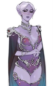 Rule 34 | 1girl, absurdres, baldur's gate, baldur's gate 3, black eyeshadow, breasts, cape, cleavage, colored skin, dark elf, dungeons & dragons, elf, eyeshadow, hair bun, highres, looking at viewer, makeup, minthara, pointy ears, purple skin, red eyes, simple background, single hair bun, skull, solo, white background, ykshelter