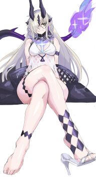 1girl absurdres arknights black_horns breasts camisole commentary crossed_legs dragon_girl dragon_horns dragon_tail english_commentary fire fire_on_chest flame-tipped_tail green_eyes high_heels highres horns long_hair looking_at_viewer medium_breasts multiple_horns necrass_(arknights) necrass_(summer_flowers)_(arknights) official_alternate_costume purple_fire radioneet see-through_camisole see-through_clothes simple_background single_bare_foot sitting solo tail thighs toes very_long_hair white_background white_camisole white_hair