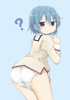 1girl :/ ? ass blue_background blue_eyes blue_hair closed_mouth cowboy_shot female_focus from_behind grey_shirt hair_ornament hairclip hand_up juliet_sleeves leaning_forward long_sleeves looking_at_viewer looking_back mahou_shoujo_madoka_magica mahou_shoujo_madoka_magica_(anime) miki_sayaka no_pants panties pocket ponnu_(tnpn2yw) puffy_sleeves school_uniform shirt short_hair sidelocks simple_background solo standing underwear white_panties