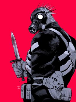 1boy absurdres animal_head caiman_(dorohedoro) combat_knife cross_tattoo dorohedoro gas_mask gloves head_spikes highres holding jacket knife knife_sheath lizardman male_focus manabu_yashiro mask muscular muscular_male reptile_boy sheath solo tattoo teeth weapon