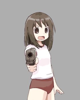 Rule 34 | 1girl, absurdres, aiming, aiming at viewer, azumanga daiou, brown eyes, brown hair, buruma, commentary, cowboy shot, grey background, gun, gym shirt, highres, holding, holding gun, holding weapon, kasuga ayumu, looking at viewer, nonounno, open mouth, red buruma, shirt, short sleeves, simple background, solo, standing, weapon, white shirt