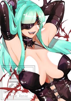 1girl alternate_costume armpits arms_behind_head arms_up artist_name breasts cleavage commentary_request darkstalkers dominatrix eyelashes eyepatch green_hair large_breasts leather long_hair morrigan_aensland navel rosie_rosie smile solo twitter_username upper_body watermark white_background yellow_eyes