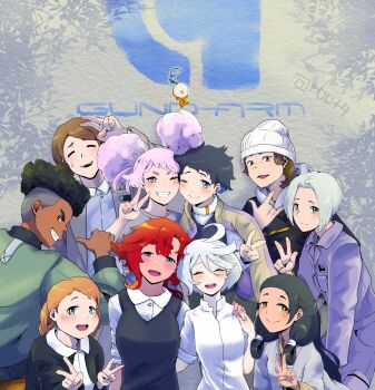 2girls 4boys 6+girls afro aliya_mahvash aqua_eyes beanie black_hair black_vest blue_eyes brown_hair commentary_request dark-skinned_male dark_skin double_bun double_v green_jacket grey_jacket grey_shirt grin gundam gundam_suisei_no_majo hair_bun hand_on_another&#039;s_shoulder hand_on_another&#039;s_waist hat highres hood hoodie hots_(gundam_suisei_no_majo) jacket jewelry lilique_kadoka_lipati long_hair martin_upmont miorine_rembran multiple_boys multiple_girls nuno_kargan ojelo_gabel one_eye_closed open_mouth orange_hair pink_hair purple_jacket red_hair ring shirt short_hair smile suletta_mercury thick_eyebrows till_nys trap undercut v vest wedding_ring white_hair white_hat white_shirt wife_and_wife you_ing yuri