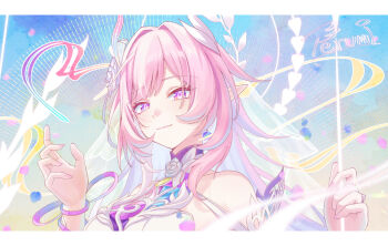 1girl artist_name bare_shoulders breasts closed_mouth commentary_request cyrene_(honkai:_star_rail) cyrene_(ripples_of_past_reverie)_(honkai:_star_rail) diamond-shaped_pupils diamond_(shape) fingernails hair_intakes hands_up highres honkai:_star_rail honkai_(series) jewelry long_hair looking_at_viewer medium_breasts nail_polish partial_commentary pink_hair pink_nails pointy_ears portrait purple_eyes ring sidelocks smile solo symbol-shaped_pupils yutori3218