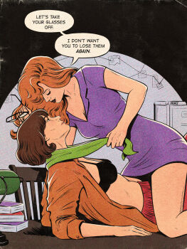 Rule 34 | 2girls, black-framed eyewear, black bra, book, book stack, bra, breasts, brown hair, chair, cleavage, clothes lift, collarbone, daphne blake, desk lamp, dress, faux retro artstyle, girl on top, green scarf, highres, holding, holding removed eyewear, holding unworn clothes, holding unworn scarf, jenifer prince, lamp, long hair, medium breasts, medium hair, multiple girls, navel, on table, orange hair, orange sweater, parted lips, purple dress, red skirt, scarf, scooby-doo (series), short dress, skirt, sleeves rolled up, small breasts, straddling, sweater, sweater lift, table, teeth, underwear, unworn eyewear, unworn scarf, velma dinkley, watermark, western comics (style), yuri