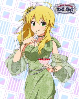 1girl ahoge belly_chain blonde_hair bow dessert detached_sleeves dress floral_print flower food game_cg green_dress green_eyes green_ribbon hair_bow hair_flower hair_ornament high_side_ponytail holding holding_food hoshii_miki idolmaster idolmaster_million_live! idolmaster_million_live!_theater_days jewelry licking_lips long_hair necklace off-shoulder_dress off_shoulder official_alternate_costume official_alternate_hairstyle official_art pearl_anklet pearl_necklace print_dress ribbon rose see-through_clothes see-through_sleeves side_ponytail sleeveless sleeveless_dress solo spoon third-party_source tongue tongue_out transparent_bow white_flower white_rose wrist_ribbon yellow_flower yellow_rose