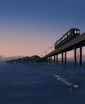 absurdres bridge city_lights commentary_request evening gradient_sky highres horizon island minobe_ghenki no_humans ocean original overhead_line scenery sky star_(sky) train water
