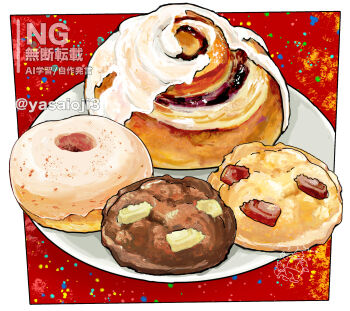 Rule 34 | cinnamon roll, commentary request, cookie, donut, food, food focus, highres, icing, no humans, original, pastry, plate, twitter username, yasaioji3