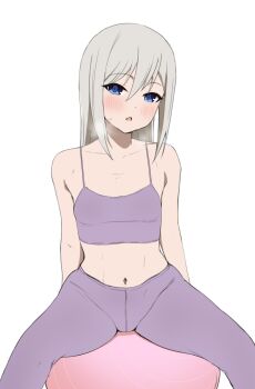 1girl ball blue_eyes blush breasts camisole coro_fae exercise_ball grey_hair highres kaguya-sama_wa_kokurasetai_~tensai-tachi_no_renai_zunousen~ long_hair looking_at_viewer navel pants purple_camisole purple_pants shirogane_kei simple_background small_breasts solo sweatdrop white_background yoga_pants