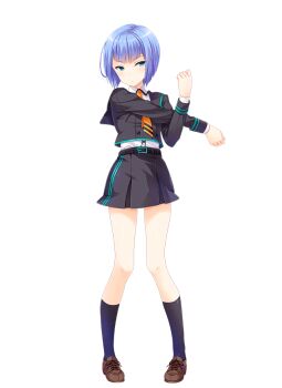 1girl black_skirt black_socks blue_eyes blue_hair brown_shoes closed_mouth full_body girlfriend_(kari) jacket kneehighs knees legs loafers miniskirt naoe_yuu necktie official_art orange_necktie qp:flapper school_uniform shirt shoes simple_background skirt socks solo standing stretching thighs transparent_background white_shirt