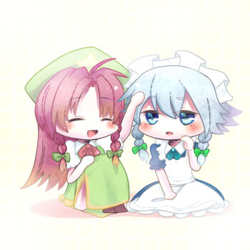 Rule 34 | 2girls, :d, apron, arm up, blue dress, blush, bow, bowtie, braid, chibi, chibi only, closed eyes, commentary request, dress, facing another, full body, green bow, green skirt, green vest, grey hair, hair bow, hand on own knee, hand up, hat, hat ornament, headpat, hong meiling, izayoi sakuya, knees up, long hair, looking at another, maid, maid apron, maid headdress, medium hair, mini hat, multiple girls, nanai07, open mouth, parted lips, puffy short sleeves, puffy sleeves, red bow, red bowtie, red hair, shirt, short sleeves, sitting, skirt, smile, star (symbol), star hat ornament, touhou, twin braids, vest, white apron, white headdress, white shirt