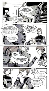 1boy 4girls alien caressing_hair comic commander_shepard commander_shepard_(female) english_text food food_in_hair garrus_vakarian greyscale highres kasumi_goto kelly_chambers mass_effect_(series) monochrome multiple_girls speech_bubble tumblr turian wei