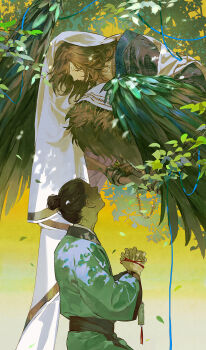 2boys bird_legs bird_wings black_hair brown_eyes brown_feathers brown_hair brown_hanfu brown_wings chinese_clothes dappled_sunlight facing_up feathered_wings feathers from_side full_body getian_(reverse:1999) gradient_background green_hanfu hair_bun hanfu harpy_boy headscarf highres huangdanlan interlocked_fingers jade_(gemstone) leaf looking_at_another looking_down looking_up male_focus monster_boy multiple_boys on_branch own_hands_together praying profile reverse:1999 squatting sunlight upper_body winged_arms wings yellow_background