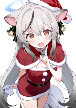 1girl absurdres animal_ears bell black_hair blue_archive blue_halo blush brown_eyes capelet commentary_request dress fur-trimmed_capelet fur-trimmed_dress fur-trimmed_headwear fur_trim gradient_hair grey_hair hair_bell hair_ornament halo hat highres kokona_(blue_archive) leaning_forward long_hair looking_at_viewer multicolored_hair open_mouth red_capelet red_dress red_hat santa_costume santa_dress santa_hat short_dress simple_background solo strapless strapless_dress streaked_hair textless_version tiger_ears tiger_girl transparent_background twintails very_long_hair yucblossom