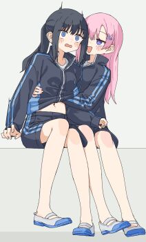 Rule 34 | 2girls, absurdres, black hair, black jacket, black shorts, blue eyes, blush, commentary request, hand under clothes, hand under shirt, highres, jacket, kopaka (karda nui), long hair, midriff, multiple girls, navel, open mouth, original, pink hair, ponytail, purple eyes, shirt, shoes, shorts, sitting, track jacket, white background, white shoes, yuri