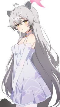 1girl animal_ears blue_archive blush breasts closed_mouth collarbone dress foulo_paints halo highres long_hair looking_at_viewer michiru_(blue_archive) michiru_(dress)_(blue_archive) pink_halo small_breasts solo very_long_hair white_background white_dress yellow_eyes