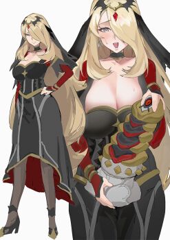 1girl :d bad_anatomy bad_hands black_dress black_veil blonde_hair breasts closed_mouth cynthia_(pokemon) cynthia_(sygna_suit)_(renegade)_(pokemon) dildo dress earrings full_body gen_4_pokemon giratina grey_eyes hair_over_one_eye hand_on_own_hip high_heels holding holding_sex_toy huge_dildo jewelry large_breasts legendary_pokemon long_hair multiple_views nintendo official_alternate_costume open_mouth pantyhose pokemon pokemon_masters_ex rkgkjin sex_toy simple_background smile sweat tiara veil very_long_hair white_background