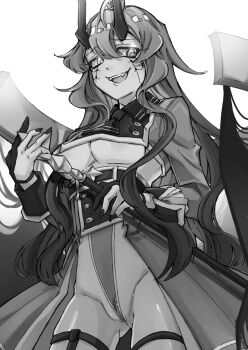 1girl breasts covered_navel cowboy_shot fang fingernails fuurinura gluteal_fold hiiragi_utena hip_bones horns long_hair looking_at_viewer magia_baiser magia_baiser_(la_verita) mahou_shoujo_ni_akogarete monochrome out_of_frame pussy smile thigh_strap underboob wavy_hair