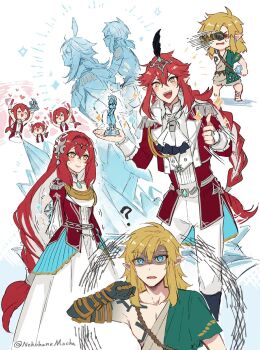 1girl 2boys adapted_costume aiguillette alternate_species archaic_set_(zelda) arm_tattoo ascot asymmetrical_clothes belt black_feathers blonde_hair blue_eyes blush braid carrying closed_eyes dress earrings epaulettes feather_hair_ornament feathers flying_sweatdrops gerudo_set_(zelda) gloves hair_between_eyes hair_down hair_ornament headpat highres holding_lightstick holding_statuette humanization jacket jewelry juliet_sleeves lightstick link long_braid long_hair long_sidelocks long_sleeves low-braided_long_hair low-tied_long_hair low_ponytail mipha multicolored_hair multiple_boys necklace nekohanemocha nintendo open_clothes open_jacket pants partially_shaded_face piggyback pointy_ears ponytail puffy_sleeves red_dress red_hair red_jacket shirt sidelocks sidon sleeveless sparkle statue statuette streaked_hair tattoo the_legend_of_zelda the_legend_of_zelda:_breath_of_the_wild the_legend_of_zelda:_tears_of_the_kingdom thumbs_up twitter_username whistle whistle_around_neck white_ascot white_dress white_gloves white_hair white_pants white_shirt yellow_eyes
