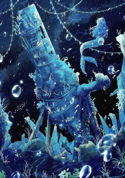 1girl absurdres blue_hair bubble crab dark_background fish from_behind highres long_hair mermaid monster_girl original rock ruins seaweed solo sparkle underwater yanagima_yu03