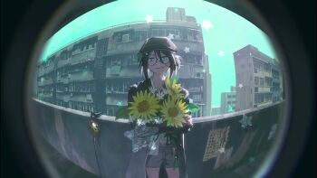 123456789qaqaqa 1girl animated apartment black_hair black_hat black_jacket black_shorts blue_eyes building cowboy_shot day flat_cap flower glasses hat hat_ornament holding holding_flower jacket long_sleeves looking_at_viewer maque_(xinyue_tongxing) monitoring_(vocaloid) poster_(object) pov_peephole protected_link round_eyewear shirt short_hair shorts smile smirk solo standing sunflower tagme translation_request video white_flower white_shirt xinyue_tongxing yellow_flower