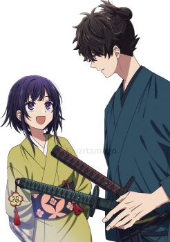 1boy 1girl black_hair black_hakama blue_kimono braid braided_hair_rings brother_and_sister fate/samurai_remnant fate_(series) floral_print_sash green_kimono hair_rings hakama highres japanese_clothes katana kimono long_sidelocks looking_at_another miyamoto_iori_(fate) ogasawara_kaya print_sash purple_eyes sash sheath sheathed siblings sidelocks simple_background sword topknot uzura_(uzrtamago) weapon white_background