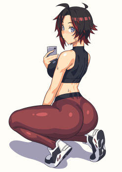1girl absurdres ass black_hair black_sports_bra breasts dyun from_behind full_body grey_eyes highres looking_back medium_breasts multicolored_hair pants red_hair red_pants ruby_rose rwby shoes short_hair sneakers solo sports_bra squatting two-tone_hair yoga_pants