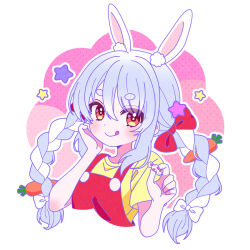 Rule 34 | 1girl, animal ear fluff, animal ears, bad id, bad twitter id, blue hair, bow, braid, candy, carrot hair ornament, closed mouth, commentary request, cropped torso, food, food-themed hair ornament, hair between eyes, hair bow, hair ornament, hand on own cheek, hand on own face, hands up, holding, holding candy, holding food, hololive, long hair, looking at viewer, multicolored hair, nekomachi nao, orange eyes, outline, rabbit ears, rabbit girl, red bow, shirt, short eyebrows, short sleeves, smile, solo, star (symbol), thick eyebrows, tongue, tongue out, twin braids, two-tone hair, upper body, usada pekora, virtual youtuber, white hair, white outline, yellow shirt