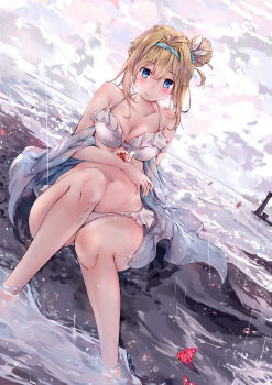 Rule 34 | 1girl, animal, arm support, bare shoulders, beach, bikini, blonde hair, blue eyes, blue jacket, blush, breasts, buoy, cleavage, closed mouth, cloud, cloudy sky, collarbone, dema hmw, dutch angle, female focus, frilled bikini, frills, girls' frontline, groin, hair bun, hair ornament, hairband, hermit crab, highres, horizon, jacket, knees up, large breasts, lighthouse, long hair, looking at viewer, navel, ocean, off shoulder, official alternate costume, open clothes, open jacket, outdoors, partially submerged, rain, shore, side bun, sidelocks, single hair bun, single side bun, sitting, sky, smile, solo, suomi (girls' frontline), suomi (midsummer pixie) (girls' frontline), swimsuit, water, water drop, waves, white bikini