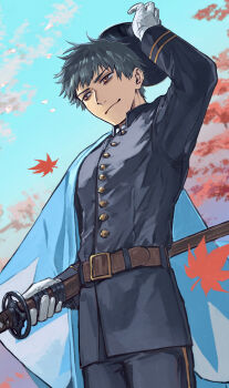 1boy absurdres bags_under_eyes belt black_hat blue_sky brown_belt closed_mouth commentary_request fate/grand_order fate_(series) gloves grey_jacket grey_pants hat highres holding holding_sword holding_weapon jacket leaf long_sleeves male_focus maple_leaf military_uniform mimino_mimizu9 orange_eyes pants saitou_hajime_(fate) sky solo sword weapon white_gloves