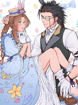 1boy 1girl aerith_gainsborough aerith_gainsborough_(classic_coney) animal_ears black_hair black_vest blue_bow blue_bowtie blue_dress blue_eyes blush bow bowtie braid braided_ponytail brown_hair brown_shoes collared_shirt commentary_request cross_scar dress dress_flower earrings easter easter_egg egg facial_scar final_fantasy final_fantasy_vii final_fantasy_vii:_ever_crisis flower frilled_dress frills gloves green_eyes hair_flower hair_ornament hat jewelry linono long_hair looking_at_another mini_hat monocle official_alternate_costume parted_bangs parted_lips ponytail rabbit_ears scar scar_on_cheek scar_on_face shirt shoes sleeves_rolled_up socks spiked_hair stud_earrings vest white_gloves white_shirt white_socks yellow_flower zack_fair zack_fair_(bunny_butler)