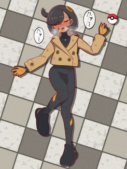 1girl absurdres black_bodysuit black_gloves black_hair black_shoes blush bodysuit bodysuit_under_clothes brown_jacket closed_eyes commentary_request cowlick dark-skinned_female dark_skin defeat dirty dirty_clothes emma_(pokemon) exhausted full_body gloves hair_between_eyes hair_ornament heavy_breathing highres jacket latex latex_bodysuit long_sleeves lying mega_stone nintendo on_back open_mouth orange_gloves paid_reward_available poke_ball poke_ball_(basic) pokemon pokemon_legends:_z-a shadow shichigo_(shichigofight75) shoes short_hair sidelocks solo sweat swept_bangs teeth two-tone_gloves upper_teeth_only