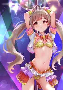 Rule 34 | 1girl, ahoge, alternate costume, arms up, artist name, baba konomi, baba konomi (cosplay), blush, breasts, brown eyes, brown hair, closed mouth, commentary, cosplay, cowboy shot, cropped jacket, disco ball, frilled skirt, frills, hakozaki serika, highres, idolmaster, idolmaster million live!, idolmaster million live! theater days, jacket, koaya, long hair, looking at viewer, navel, pole, short sleeves, signature, skirt, small breasts, solo, sparkle, standing, stomach, stripper pole, sweat, symbol-only commentary, twintails, white jacket
