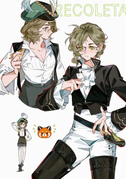 1girl :&lt; absurdres ascot black_boots black_jacket black_vest boots brown_boots brown_hair brown_shoes character_name cowboy_shot earrings green_eyes green_hat hand_on_own_hip hat hat_feather highres jacket jewelry jo_jun looking_down mole mole_under_eye multiple_views newsboy_cap open_clothes open_vest pants pantyhose recoleta_(reverse:1999) red_panda reverse:1999 shirt shoes short_hair thigh_boots upper_body vest white_ascot white_background white_pants white_pantyhose white_shirt