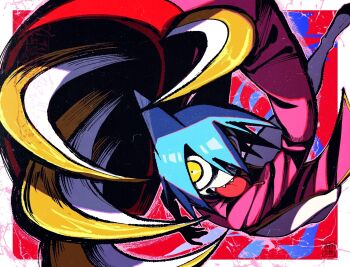 Rule 34 | 1girl, animal ears, arm up, asymmetrical sleeves, blue hair, border, china dress, chinese clothes, claw (weapon), commentary request, dog ears, dog girl, dress, foreshortening, hair between eyes, highres, huge weapon, jouzai (tooboe), kurotake ihi, leg up, looking at viewer, looking back, open mouth, outline, outside border, pelvic curtain, pink dress, pink outline, red background, sharp teeth, solo, teeth, tongue, tongue out, uneven sleeves, very long sleeves, weapon, white border, wide-eyed, yellow eyes