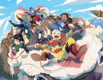 2girls 3boys aang animal appa avatar:_the_last_airbender avatar_legends bald barefoot black_hair blind blue_eyes blue_sky brown_eyes brown_hair burn_scar cloud dark_skin day feet flying grey_eyes katara looking_at_another momo_(avatar) multiple_boys multiple_girls open_mouth riding scar sky smile sokka t_k_g tattoo toph_beifong water yellow_eyes zuko