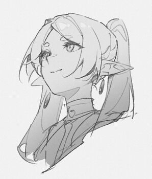 capelet closed_mouth cropped_torso earrings elf frieren from_behind greyscale highres jewelry kumo_sheep long_hair meme monochrome parted_bangs pointy_ears short_eyebrows sketch smile sousou_no_frieren thick_eyebrows twintails upper_body upward_angle_frieren_drawing_(meme) white_capelet