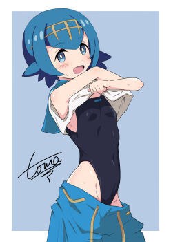 1girl animal_print black_one-piece_swimsuit blue_eyes blue_hair blue_pants blush breasts bright_pupils clothes_lift clothes_pull covered_navel cowboy_shot fish_print grey_background hairband highres lana_(pokemon) loli nintendo no_sclera one-piece_swimsuit open_mouth pants pants_pull pokemon pokemon_sun_and_moon shirt shirt_lift short_hair signature small_breasts solo sweat swimsuit toma_no_oekaki undressing white_pupils white_shirt yellow_hairband
