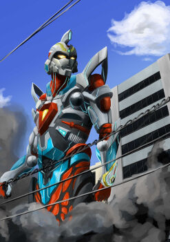 Rule 34 | 1boy, absurdres, acceptor, armor, black armor, blue armor, blue sky, breastplate, building, city, cityscape, clenched hands, cloud, cloudy sky, commentary, cowboy shot, day, dust cloud, english commentary, forehead jewel, full armor, gattyo, gauntlets, gem, giant, glowing, glowing eyes, green gemstone, gridman (character), gridman (ssss), gridman universe, highres, looking ahead, male focus, mecha, multicolored armor, outdoors, power lines, red armor, robot, shoulder armor, shoulder pads, silver armor, sky, smoke, smoke trail, solo, ssss.gridman, standing, tokusatsu, toned, toned male, yellow eyes