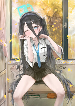 1girl aqua_eyes aqua_halo aris_(blue_archive) autumn_leaves b4mbo0 black_hair black_skirt blue_archive blue_necktie blush closed_mouth collared_shirt commentary day desk double-parted_bangs earphones feet_out_of_frame ginkgo_leaf hair_between_eyes halo hands_up highres holding holding_earphones indoors korean_commentary leaf long_bangs long_hair looking_at_viewer loose_necktie miniskirt mixed-language_commentary necktie on_desk one_eye_closed one_side_up pleated_skirt raised_inner_eyebrows school_desk school_uniform shirt sitting skirt solo very_long_hair white_shirt window wing_collar