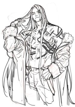 Rule 34 | 1boy, absurdres, af cf, beard, commentary, cropped legs, facial hair, fur-trimmed jacket, fur trim, golden kamuy, greyscale, highres, jacket, long hair, looking at viewer, male focus, monochrome, oosawa fusatarou, open clothes, open jacket, pants, sideburns, simple background, sketch, smile, solo, tattoo, untranslatable commentary, white background