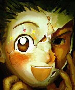 1boy black_hair broken_mask brown_eyes cracked_kawaii_mask cracked_mask crying crying_with_eyes_open gon_freecss highres hunter_x_hunter iotfwrcqpo25344 male_focus mask open_mouth short_hair smile solo star_(symbol) tears teeth