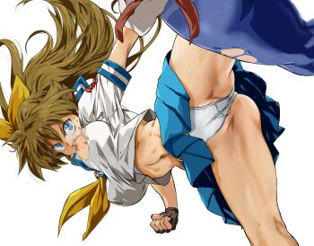 2girls auge_(akd) black_gloves blue_eyes blue_skirt borrowed_character bow bra bra_peek breasts brown_hair fingerless_gloves gloves glowing hair_bow highres kicking long_hair m.u.g.e.n midriff multiple_girls navel neckerchief nipples original panties pleated_skirt ponytail ribbon ryuko_(oggyoggy) school_uniform serafuku short_sleeves simple_background skirt solo_focus torn_clothes underwear white_background yellow_bow yellow_neckerchief