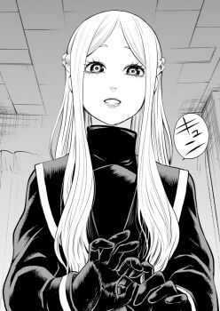 Rule 34 | black gloves, braid, breasts, commentary request, gloves, greyscale, highres, ichijou michiru, izumi (toubun kata), long hair, long sleeves, looking at viewer, mieruko-chan, monochrome, open mouth, school uniform, shirt, sidelocks, sweater, translation request, turtleneck, turtleneck sweater, white hair