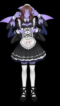 Rule 34 | alternate costume, animal ears, apron, bat ears, black dress, black shoes, brown hair, colored sclera, colored skin, crossdressing, crossdressing (mtf), dante will, dante will (bat), dante will (maid), detached sleeves, dress, enmaided, extra arms, extra eyes, fangs, fingernails, frilled apron, frills, full body, highres, juliet sleeves, long hair, long sleeves, looking at viewer, maid, maid apron, maid headdress, male maid, mary janes, neobaka, ohwasuy, puffy sleeves, purple skin, red sclera, sharp fingernails, shirohomu, shoes, smile, spider web print, thighhighs, waist apron, white apron, wings