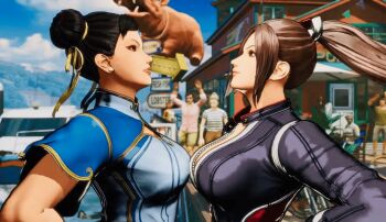 2girls 3d akiman_pose black_boots black_jacket black_pants blue_dress boots breast_press breasts capcom china_dress chinese_clothes chun-li cropped_jacket dress faceoff fatal_fury fatal_fury:_city_of_the_wolves game_screenshot jacket large_breasts leather leather_jacket leather_pants multiple_girls pants shiranui_mai snk street_fighter street_fighter_6 symmetrical_docking thick_thighs thighs trait_connection video_game_screencap