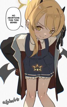 1girl black_coat black_horns black_wings blonde_hair blue_archive blue_dress closed_mouth coat collared_shirt demon_horns dress english_text halo hand_on_own_hip highres horns ibuki_(blue_archive) implied_pregnancy leaning_forward loli long_hair long_sleeves looking_at_viewer neck_ribbon open_clothes open_coat pinafore_dress pregnancy_halo pregnant_loli red_ribbon ribbon shirt simple_background sleeveless sleeveless_dress smile solo speech_bubble standing swept_bangs sydus twitter_username upper_body v-shaped_eyebrows white_background white_shirt wings yellow_eyes